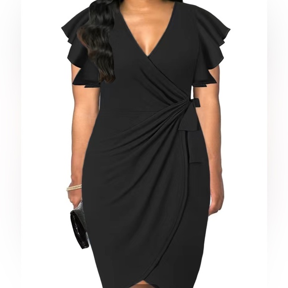 Pretty Woman Boutique Dresses & Skirts - Black Ruffle Sleeve V Neck Wrap Bodycon Dress